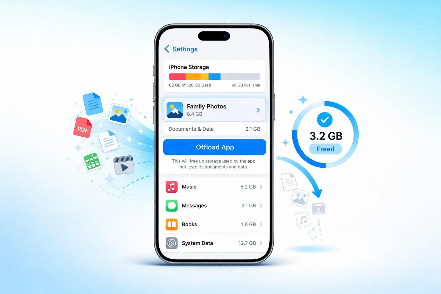 Step by step guide showing how to clear app cache on iPhone using the Offload App option in iPhone Storage settings