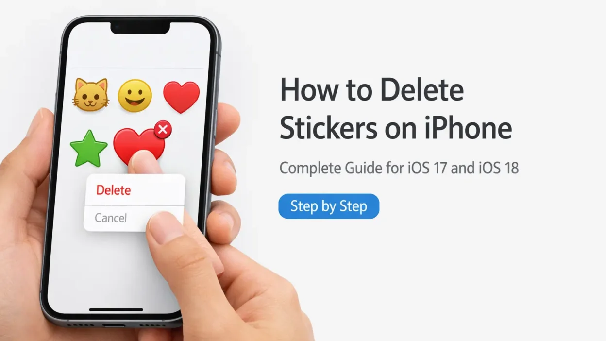 How to delete stickers on iPhone showing the iOS sticker panel with a delete option highlighted and a finger pressing a custom sticker