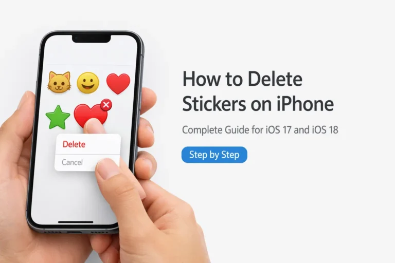 How to delete stickers on iPhone showing the iOS sticker panel with a delete option highlighted and a finger pressing a custom sticker