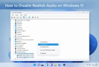 Windows 11 Device Manager showing Realtek High Definition Audio with Disable device option highlighted in the right-click menu