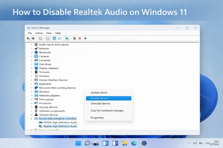 Windows 11 Device Manager showing Realtek High Definition Audio with Disable device option highlighted in the right-click menu