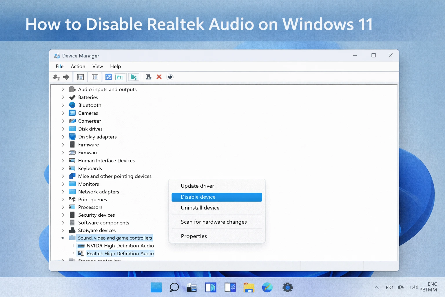 Windows 11 Device Manager showing Realtek High Definition Audio with Disable device option highlighted in the right-click menu
