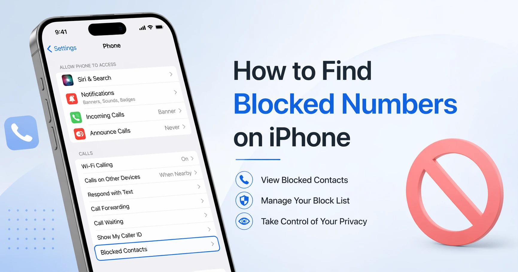 Illustration showing iPhone Settings app with Blocked Contacts feature for article about finding blocked numbers on iPhone