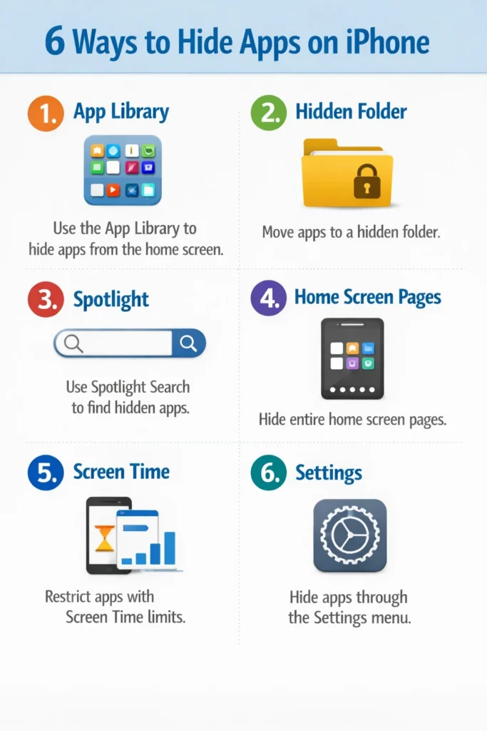 Infographic showing 6 methods to find hidden apps on iPhone including App Library search, iOS 18 Hidden folder, Spotlight Search, home screen pages, Screen Time settings and Settings app