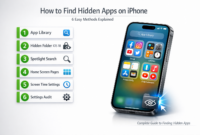 iPhone 15 Pro mockup showing App Library with highlighted Hidden folder icon and 6 numbered method cards displaying different ways to find hidden apps on iPhone including App Library, Hidden Folder, Spotlight Search, Home Screen Pages, Screen Time Settings, and Settings Audit