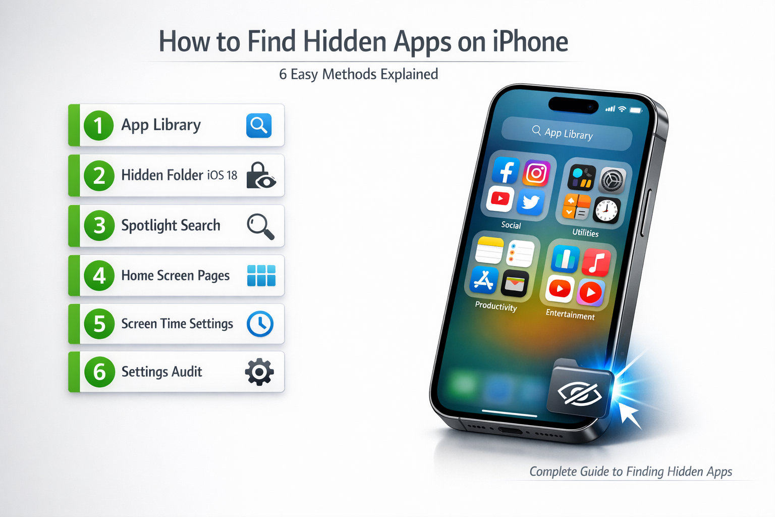 iPhone 15 Pro mockup showing App Library with highlighted Hidden folder icon and 6 numbered method cards displaying different ways to find hidden apps on iPhone including App Library, Hidden Folder, Spotlight Search, Home Screen Pages, Screen Time Settings, and Settings Audit