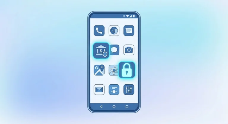 Android smartphone home screen with padlock icons overlaid on apps, illustrating how to lock apps on Android