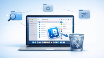 MacBook showing Finder Applications folder with app icon being dragged to Trash and hidden Library system files displayed around it