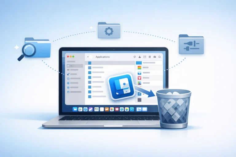 MacBook showing Finder Applications folder with app icon being dragged to Trash and hidden Library system files displayed around it