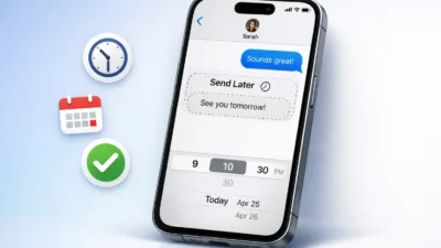 iPhone displaying Messages app with Send Later scheduling feature showing scheduled text message with clock icon and time picker