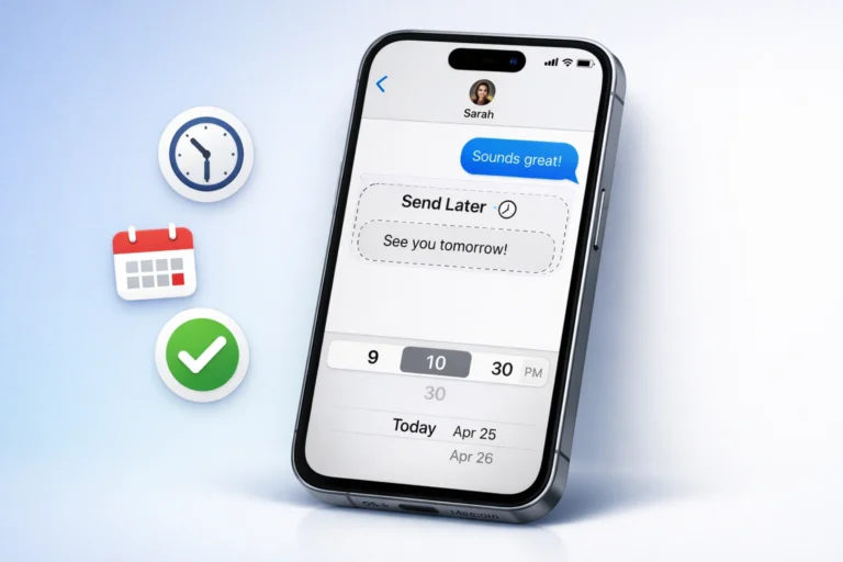 iPhone displaying Messages app with Send Later scheduling feature showing scheduled text message with clock icon and time picker