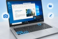 how-to-take-screenshot-hp-elitebook-windows10-featured-image HP EliteBook laptop displaying Windows 10 screenshot process with highlighted keyboard shortcuts for taking screenshots - featured image for screenshot guide tutorial