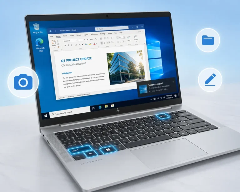 HP EliteBook laptop displaying Windows 10 screenshot process with highlighted keyboard shortcuts for taking screenshots - featured image for screenshot guide tutorial
