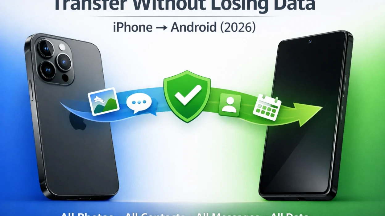 iPhone transitioning to Android phone with data flow icons (photos, messages, contacts) showing safe transfer without losing data