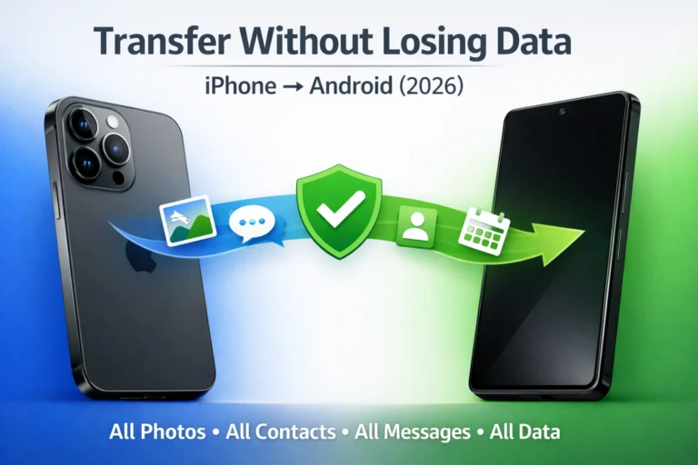 iPhone transitioning to Android phone with data flow icons (photos, messages, contacts) showing safe transfer without losing data