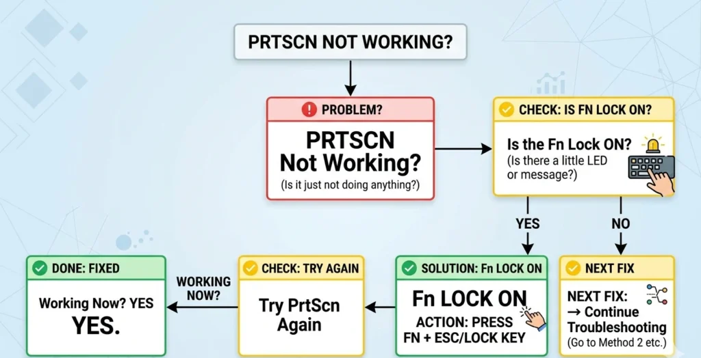 Troubleshooting flowchart for fixing Print Screen not working on HP EliteBook Windows 10