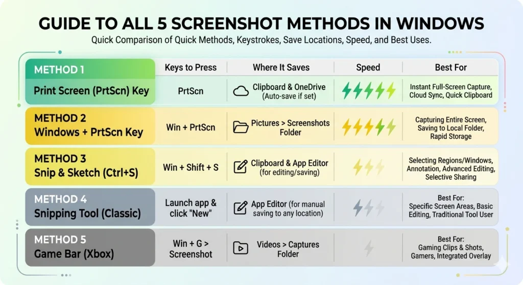 Comparison infographic of all 5 HP EliteBook screenshot methods showing keyboard shortcuts speed and save location in Windows 10