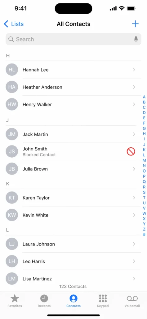 Screenshot of iPhone 17 Contacts app showing a blocked contact with red circle and slash icon indicator next to the contact name