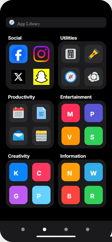 iPhone App Library screen showing category folders and search bar to find hidden or missing apps