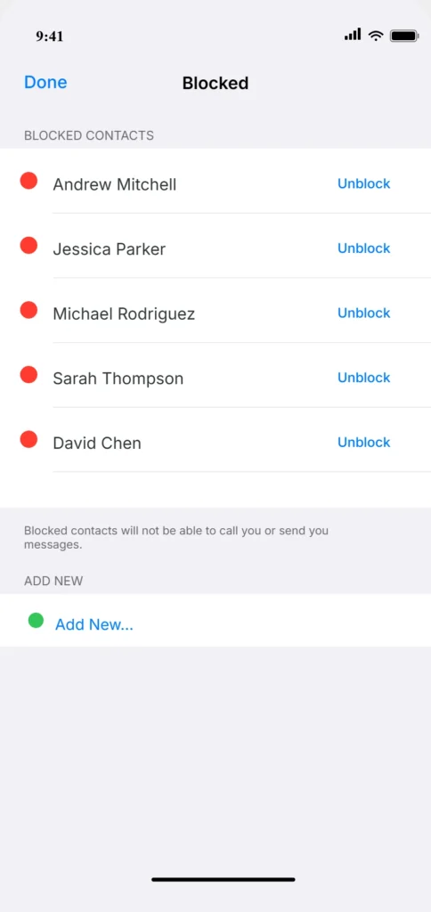 Screenshot of iPhone Blocked Contacts list in edit mode showing red minus signs and Unblock buttons next to each blocked contact entry
