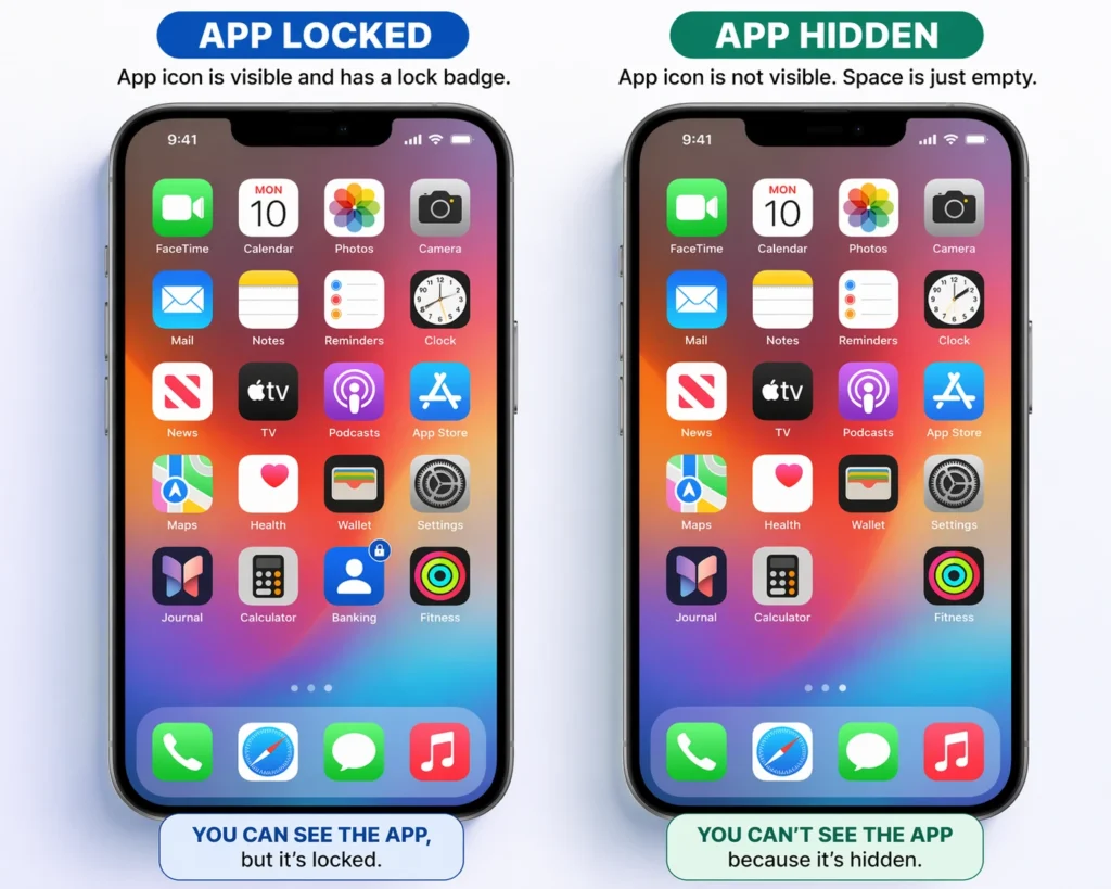 Comparison showing the difference between a locked app that is visible on iPhone home screen versus a hidden app that is completely invisible