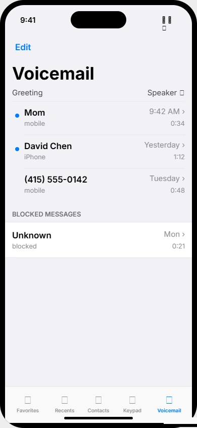 Screenshot of iPhone Phone app showing Voicemail tab with regular voicemails at top and separate Blocked Messages section at bottom displaying blocked voicemail entries