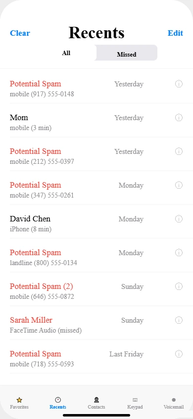 iPhone Recent calls list showing silenced spam call entries with Potential Spam labels
