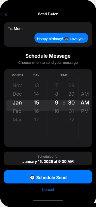 iPhone date and time picker showing scheduled message time selection with hour and minute wheels