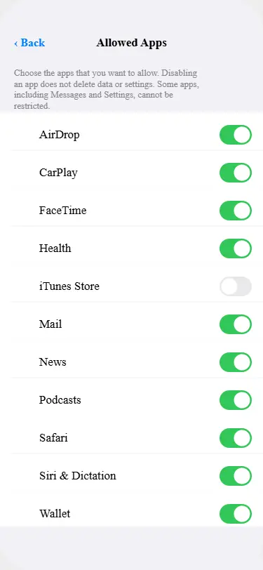 iPhone Screen Time settings showing Allowed Apps with some app toggles switched off causing apps to be hidden