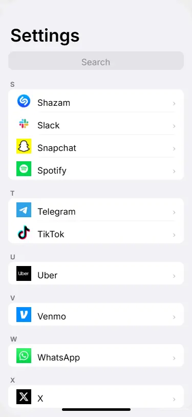 iPhone Settings app scrolled to the bottom showing a complete alphabetical list of all installed apps