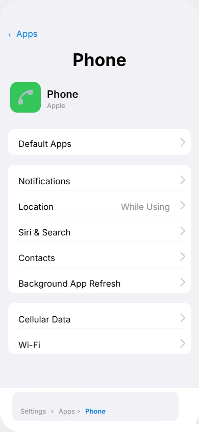 iPhone Settings menu showing Apps and Phone options for accessing call blocking features