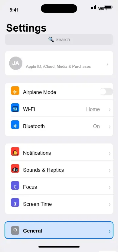 iPhone Settings app showing General option and About page where carrier settings updates can be checked and installed