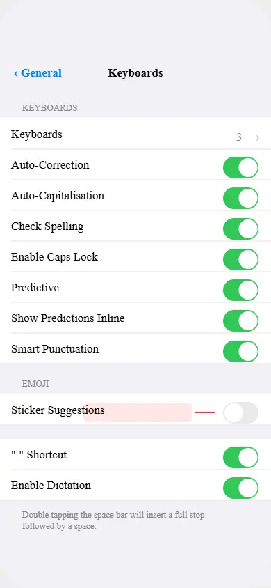 iPhone Settings showing the Keyboard section with the
Sticker Suggestions toggle turned off to disable stickers