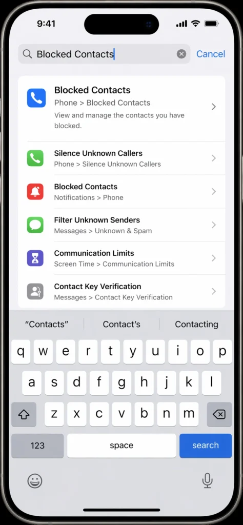 Screenshot of iPhone Settings app with search bar open, showing search results for "Blocked Contacts" from the Phone app menu