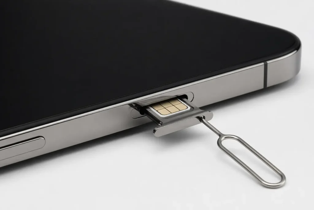 iPhone showing SIM card tray slot on side of device with SIM ejector tool inserted at correct angle for safely removing tray