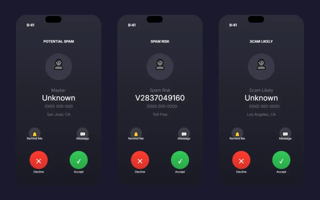 Comparison of iPhone spam warning labels Potential Spam Spam Risk and Scam Likely on incoming calls