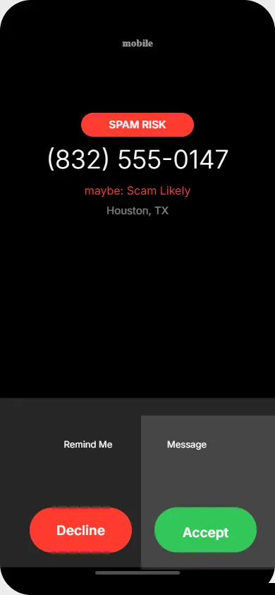 iPhone incoming call screen showing Spam Risk warning label for blocked spam call