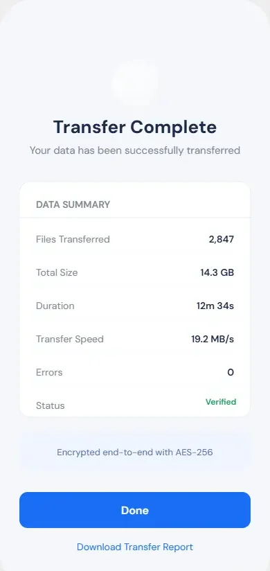 Data transfer completed successfully from iPhone to Android