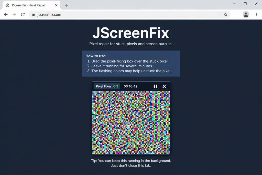 Screenshot of JScreenFix website with colorful flashing repair box positioned over a white spot on a laptop screen