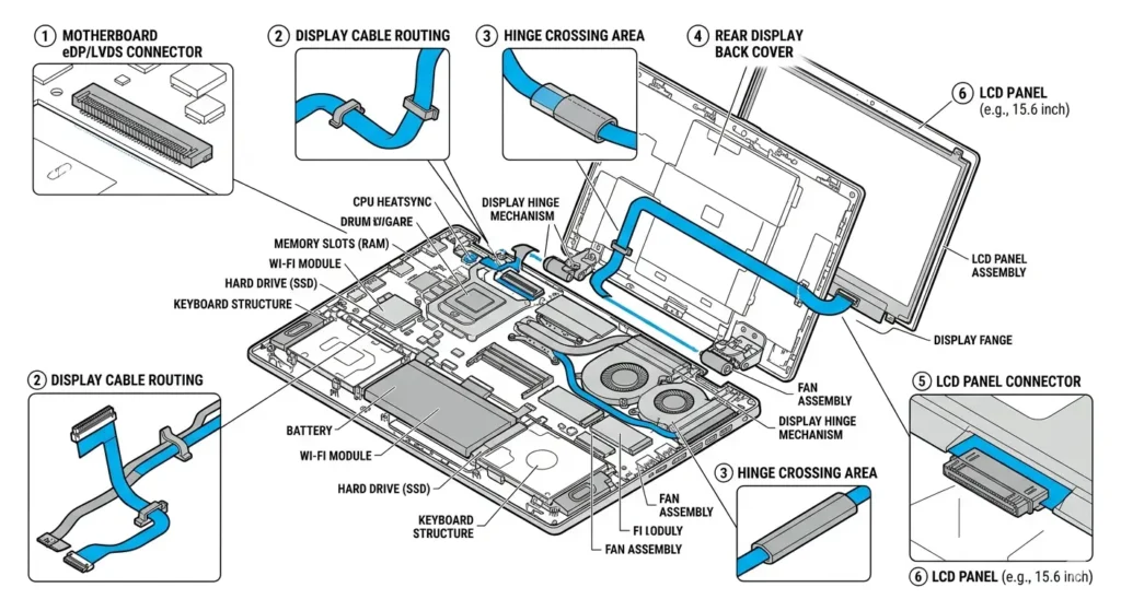 Technical diagram showing the display cable (eDP/LVDS) path inside a laptop from the motherboard to the LCD panel, with connectors highlighted and labeled