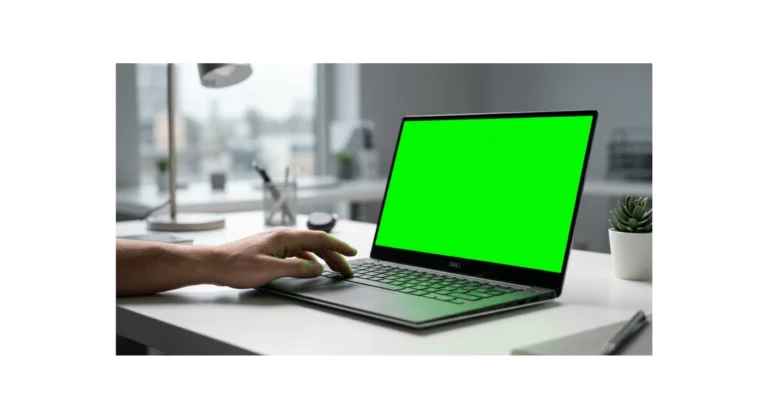 Modern laptop displaying a green screen tint on a clean desk with a user's hand reaching toward the keyboard, representing common laptop green screen issues and troubleshooting solutions