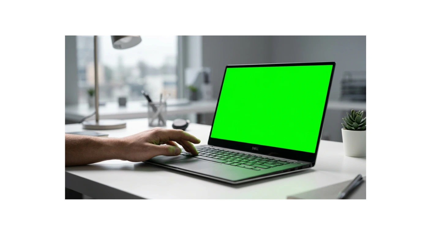 Modern laptop displaying a green screen tint on a clean desk with a user's hand reaching toward the keyboard, representing common laptop green screen issues and troubleshooting solutions