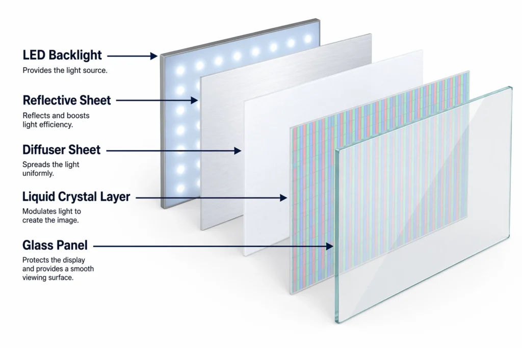Exploded diagram of laptop LCD screen layers showing LED backlight, reflective sheet, diffuser sheet, and glass panel
