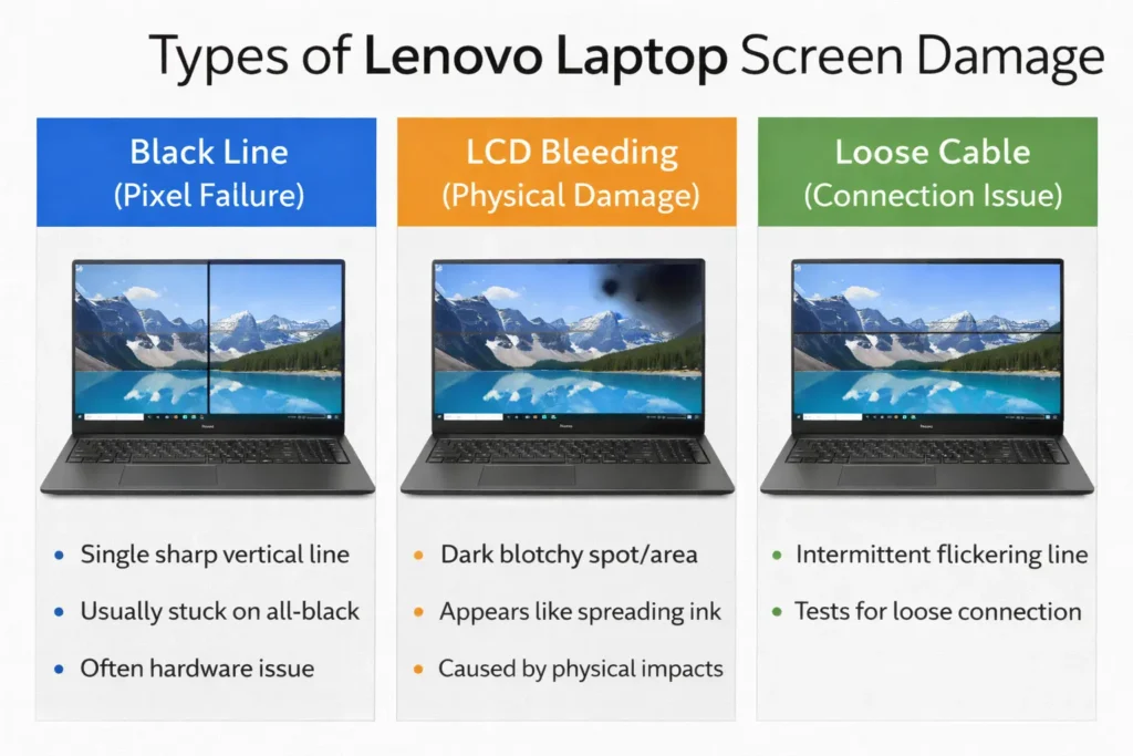 Comparison chart showing three types of Lenovo laptop screen damage: black lines from pixel failure, LCD bleeding from physical damage with dark spots, and intermittent lines from loose display cable.