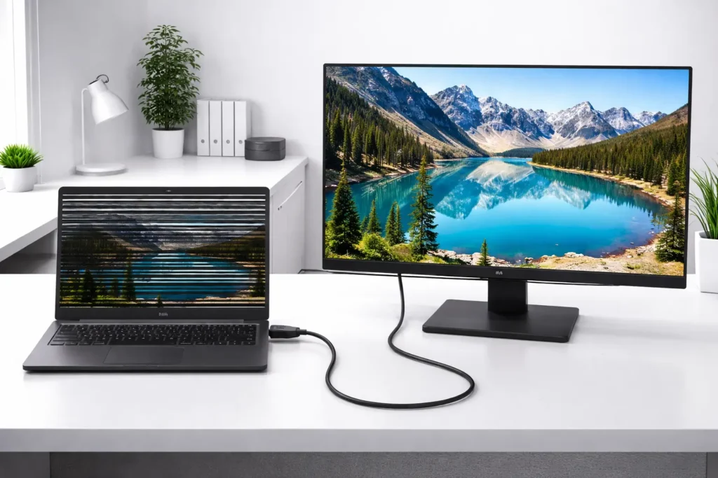 Desk setup showing Lenovo laptop connected to external monitor via HDMI cable. Laptop screen displays black lines while external monitor shows clean display, illustrating how to diagnose screen problems.