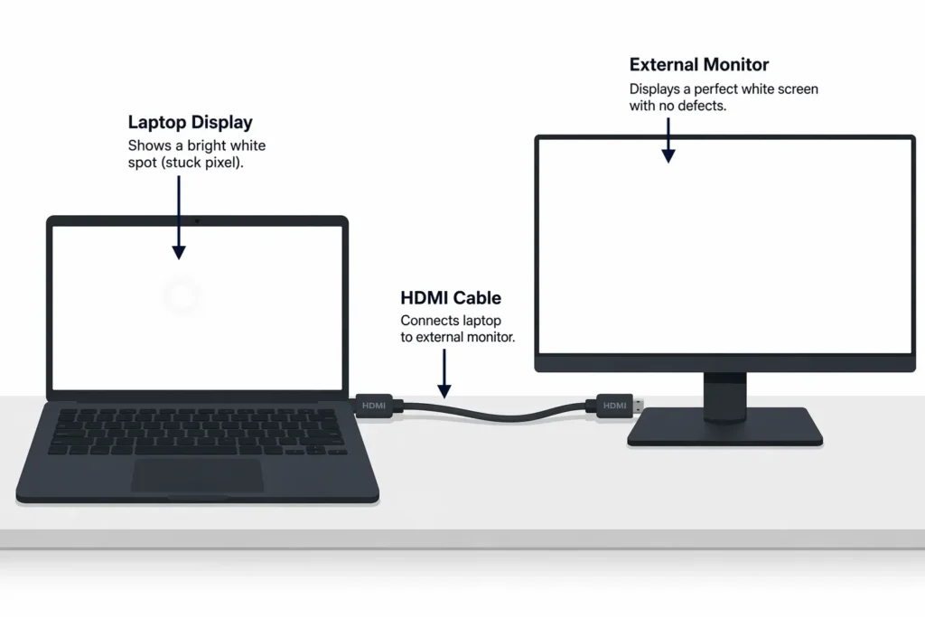 Illustration of a Lenovo laptop connected to external monitor showing white spot on laptop but clean display on external screen