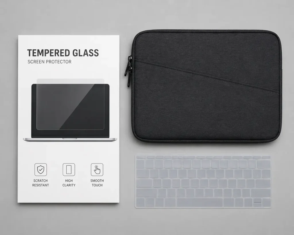 Laptop screen protector, padded sleeve case, and keyboard cover accessories to prevent white spots and screen damage