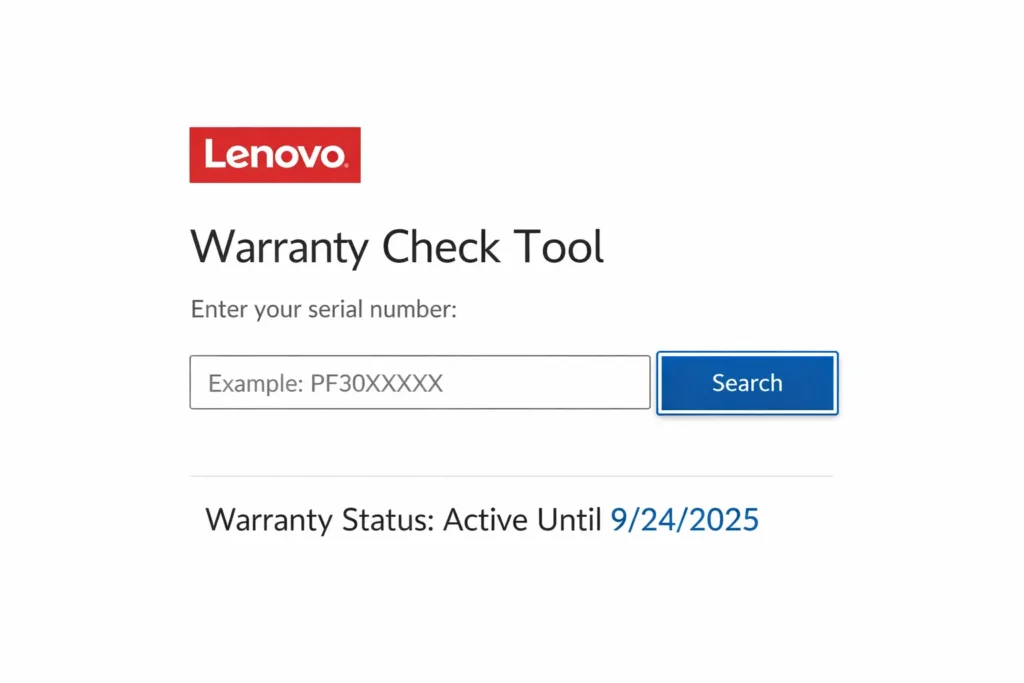 Screenshot of Lenovo's warranty check website showing serial number input field and warranty status result for checking if laptop screen repair is covered.