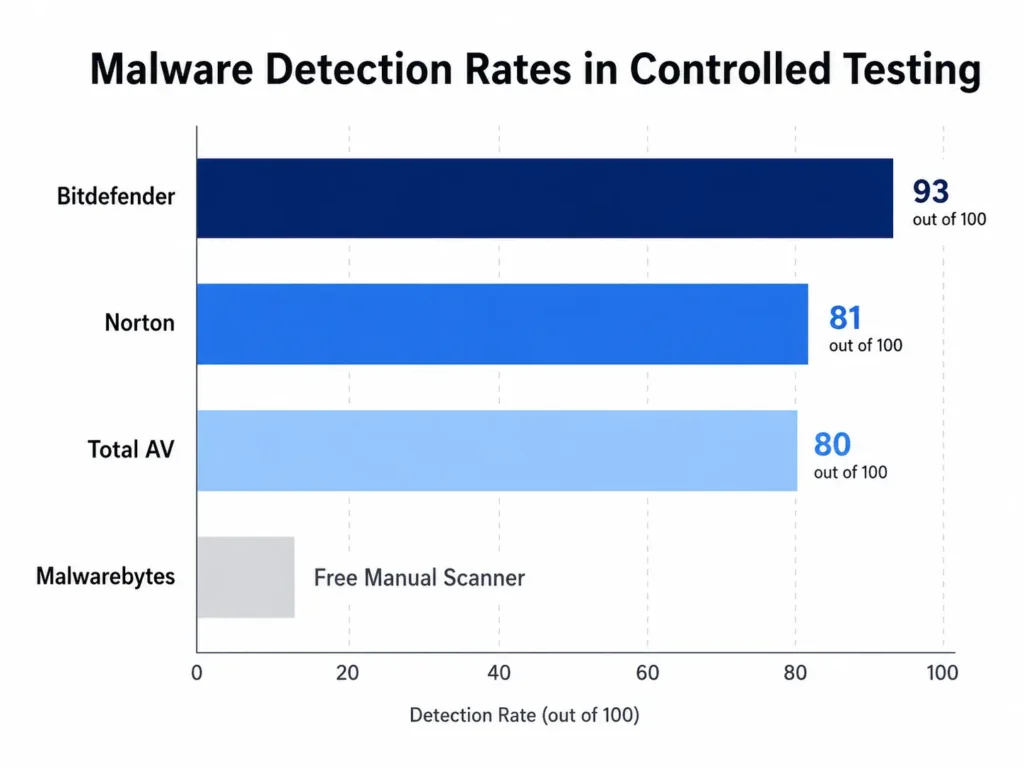 Bar chart comparing Mac antivirus detection rates
showing Bitdefender at 93 Norton at 81 and Total AV
at 80 out of 100 malware files detected