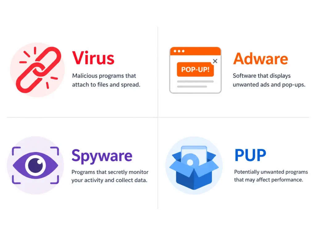 Infographic showing four Mac malware types: virus,
adware, spyware, and PUP with icons and descriptions